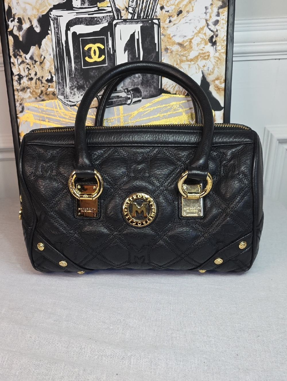 MetroCity Black Quilted Leather Satchel with Gold Accents
